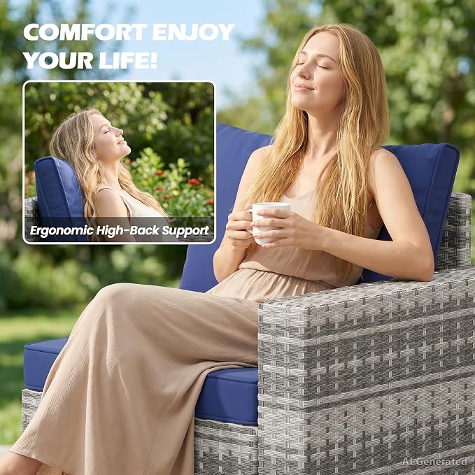 Vikiullf Wicker Patio Furniture Set, 5 Pieces Outdoor Conversation Set, Patio Sectional Sofa with 4" Thick Cushions, for Poolside Backyard Garden