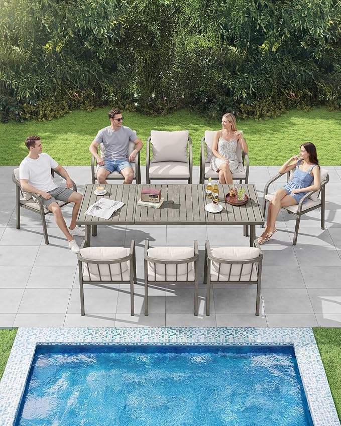 9 Pieces Never-Rust Aluminium Outdoor Dining Set, Patio Dining Table Set for 8, Patio Dining Set with Rectangle Table, Outdoor Dining Chairs with Removable Cushions for Deck, Balcony, Gray Oak