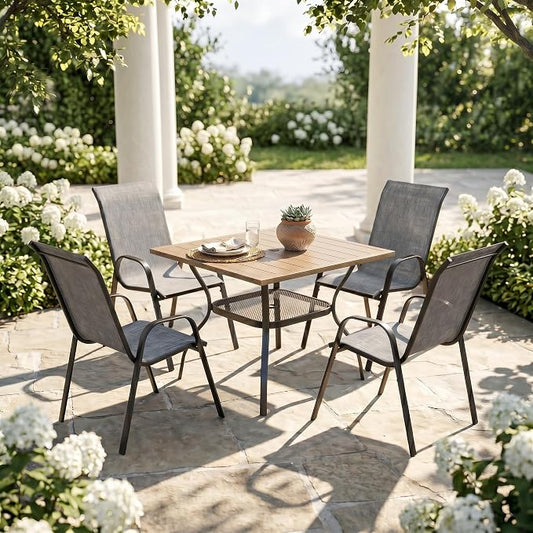 VICLLAX Patio Dining Set for 4, All Weather 5-Piece Patio Set-37.8" Square Outdoor Table and 4 Stackable Chairs for Lawn Garden and Backyard,Grey Wood Grain Tabletop