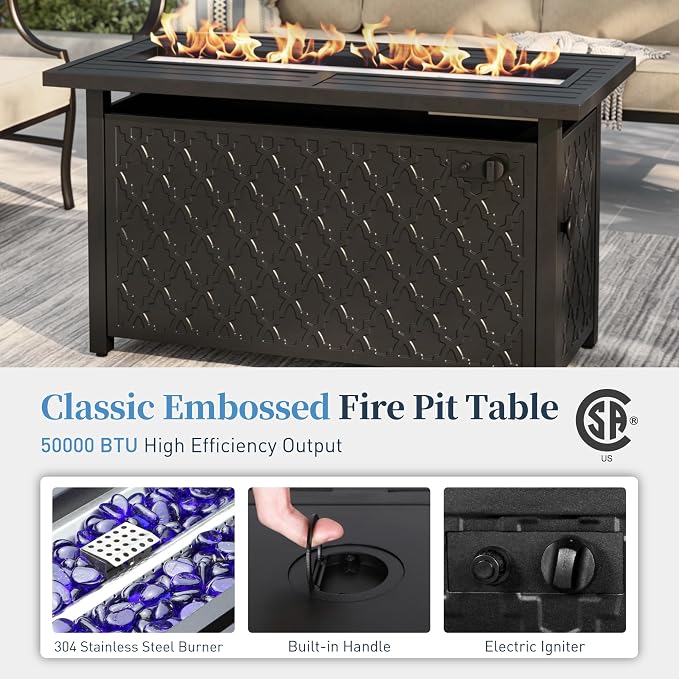 SUNSHINE VALLEY Patio Furniture Set with Firepit Table, 4 Piece Metal Outdoor Patio Furniture, 2 Swivel Chairs and 3 Seater Sofa with 5.75" Extra Thick Cushion and Gas Fire Pit Table for Backyard Deck