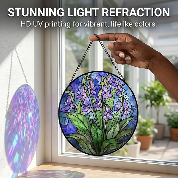 Birthday Gifts for Women - Violet Flowers Faux Stained Glass Window Hanging Sun Catcher for Door Garden Acrylic Decor Mother's Day Christmas for Mom Nana Grandma Sisters Wife 6.3"