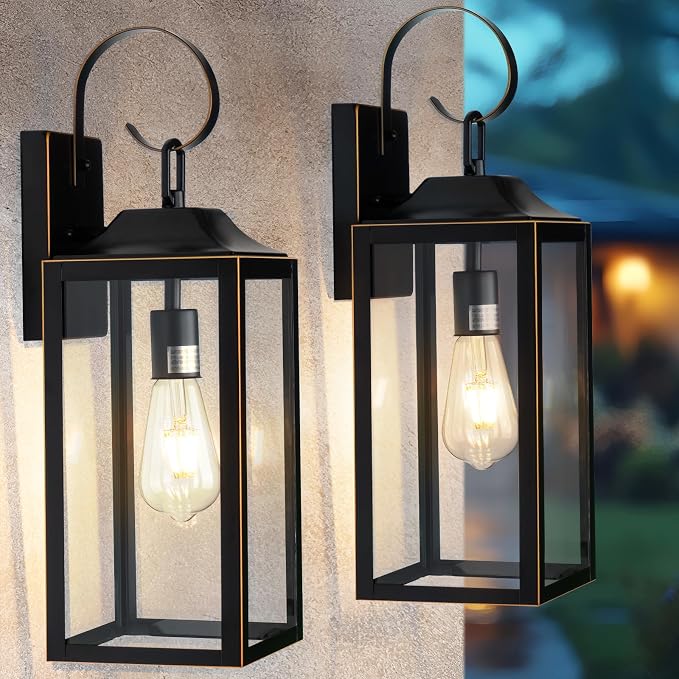 19" Large Outdoor Wall Lights Black with Gold Trim 2 Pack | Black Exterior Light Fixtures, Modern Wall Sconces, Waterproof Porch Lights Outdoor Lighting for House Garage Entryway