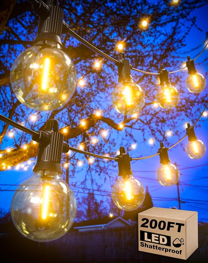 Zuske Outdoor String Lights, 200FT Patio Lights with 100 Shatterproof G40 Globe Bulbs(4 Spare), Waterproof Connectable Dimmable LED Hanging Lights for Outside Backyard Porch Balcony Gazebo (100FT x 2)