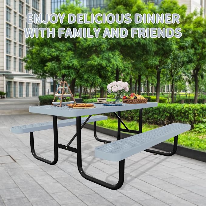 Picnic Tables for Outdoors,Commercial Metal Picnic Table Bench Set with Umbrella Hole,School Canteen Tables W/Seats - Heavy Duty Sturdy Picnic Tables Furniture for Patio Garden (Grey, 6FT)
