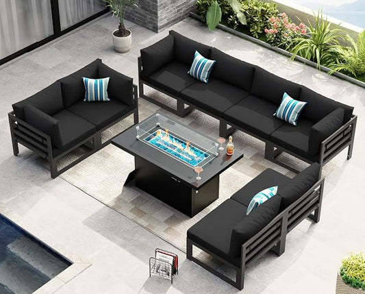 NICESOUL 9 Piece Modern Aluminum Outdoor Patio Furniture Set with Fire Pit Table Propane/Gas, 29" Wide Deep Seat, No Rust Extra Large Sectional Sofa, 500 lbs Heavy Duty Garden Conversation Set, Black