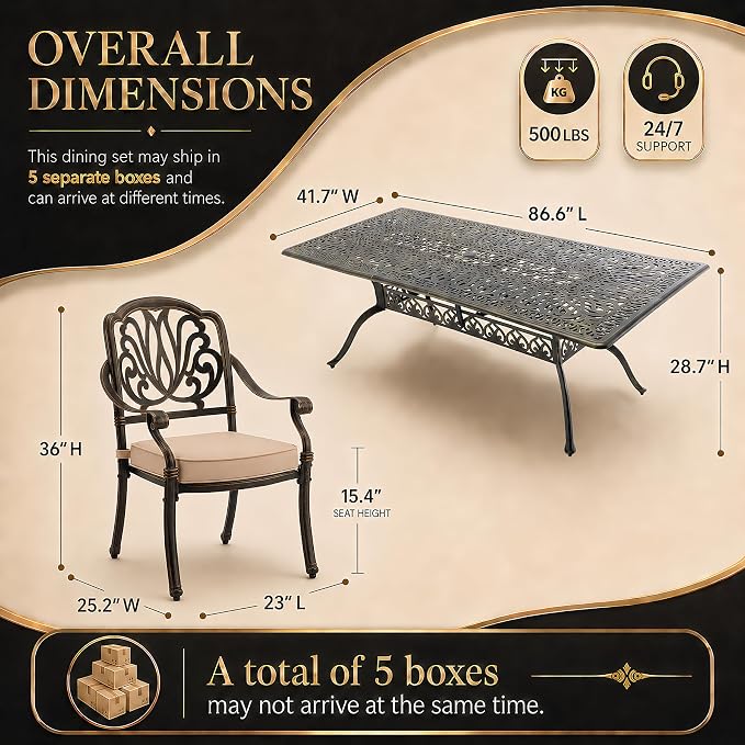 9-Piece Cast Aluminum Outdoor Dining Set Retro Patio Dining Set for 8 Includes 86.6’’ Rectangular Table and 8 Chairs with Removable Cushion and Umbrella Hole for Patio Deck Garden Porch