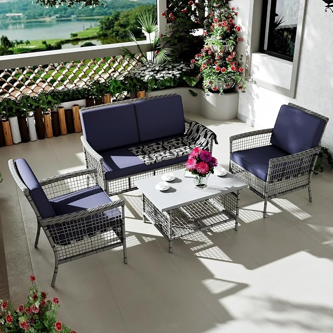DECMICO 4 Pieces Outdoor Patio Furniture Set, Wicker Rattan Chairs & Loveseat Couch with Side Table and Cushions, All-Weather Patio Seating Set for Backyard, Deck, Porch (Dark Blue)