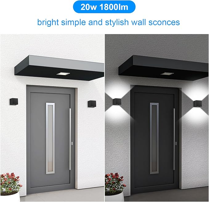 ledmo LED Up and Down Outdoor Wall Lights 20W Anti-Rust Adjustable Modern Wall Sconces Exterior Light Fixture Waterproof 6000K Black Porch Lighting for Patio Yard Garage Wall Mount Lighting 2 Pack