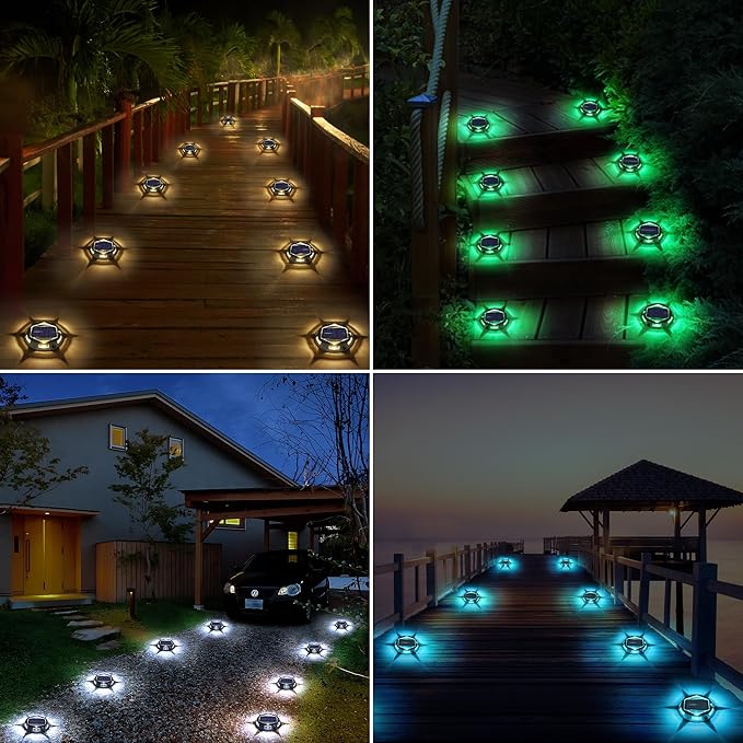 Solar Deck Light Outdoor, 12 Pack 9 Colors in 1 Solar Driveway Dock Lights, IP67 Waterproof Solar Powered Outdoor Light, RGB Step Lights for Outside Garden Yard Fence Stair Sidewalk Pathway Walkway