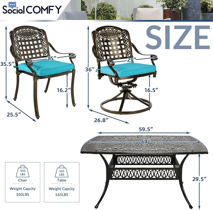 SOCIALCOMF 9-Piece Patio Cast Aluminum Dining Set, Outdoor Table and Chairs Set for 8, Includes 64" Large Square Dining Table, 4 Stationary, 4 Swivel Dining Chairs with Umbrella Hole, Ocean Blue