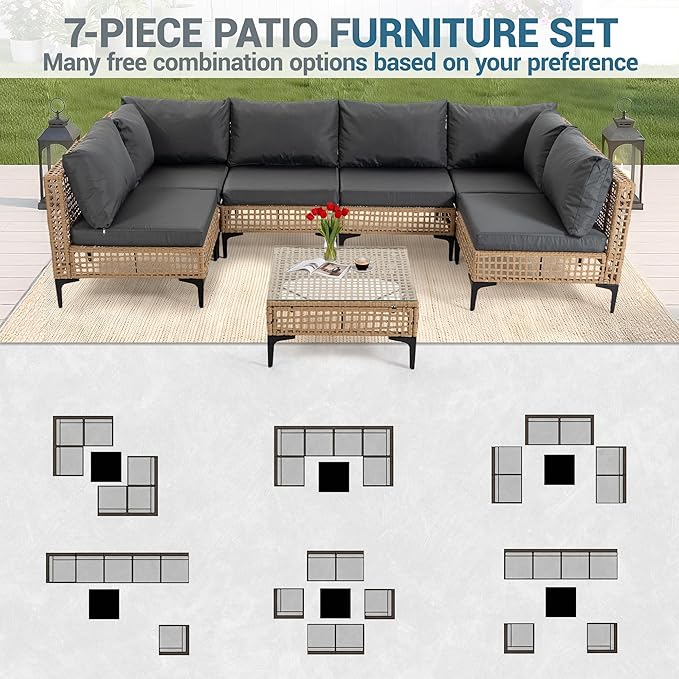 7 PCs Outdoor Patio Furniture All Weather Wicker Rattan Sectional Conversation Sofa Set w/Water Resistant Cushions, Coffee Table for Paito, Lawn, Garden, Grey