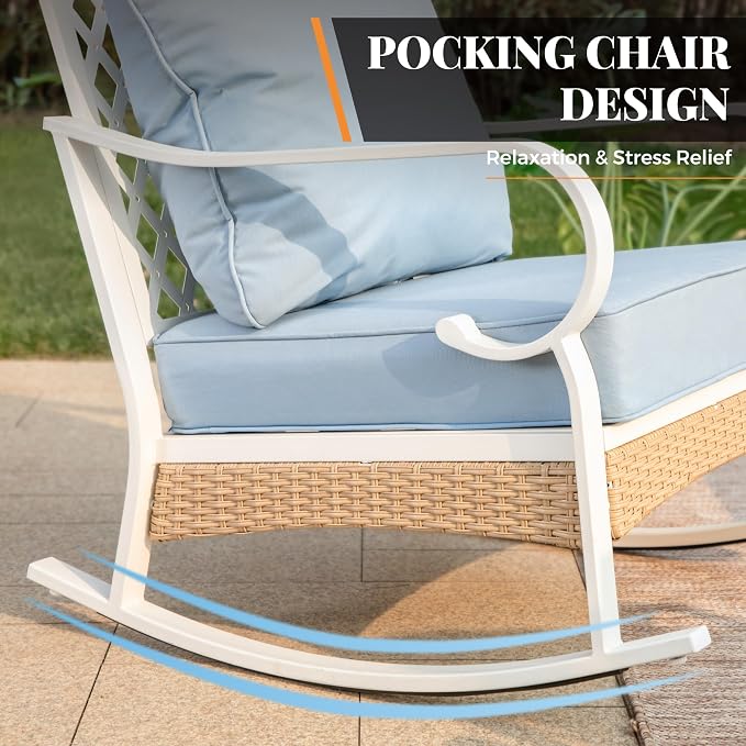 MIXPATIO 6 Piece Patio Furniture Set, 2 x Fixed Chair, 2 x Rocking Chair, 1 x 3-Seat Sofa with Marbling Coffee Table, All Cushioned 7 Seats Outdoor Conversation Set for Lawn Garden Backyard, Blue