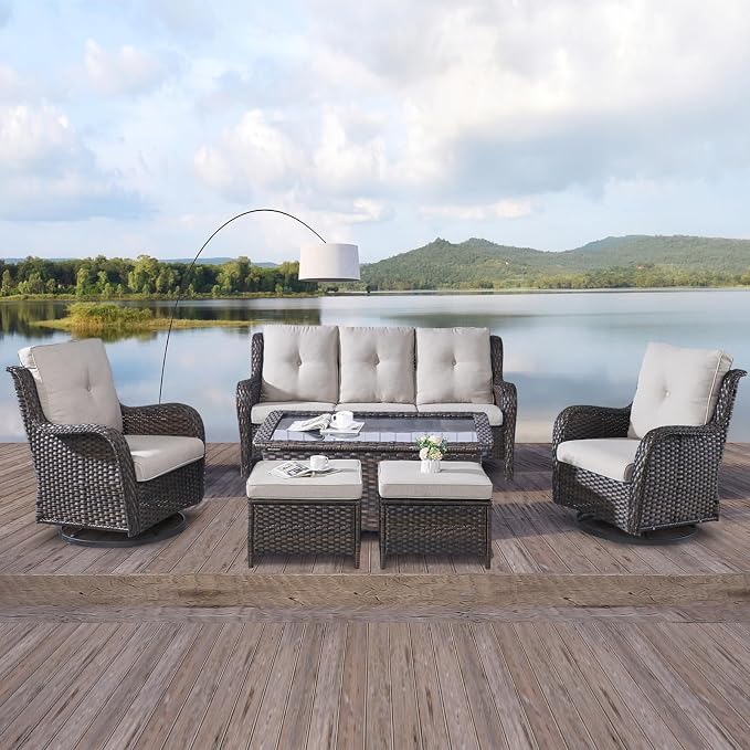 Rilyson Wicker Patio Furniture Set - 6 Piece Rattan Outdoor Sectional Conversation Sets with 2 Swivel Rocking Chairs,2 Ottomans,1 Sofa and 1 Coffee Table for Porch Deck Garden(Brown/Beige)