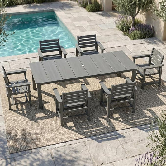 Kingdura 7 Piece Patio Dining Set for 6, 75.2'' HDPE Outdoor Dining Table Set with 2" Umbrella Hole, Weather-Resistant Outdoor Furniture, Table and Chairs Set for Backyard Pool Garden, Grey