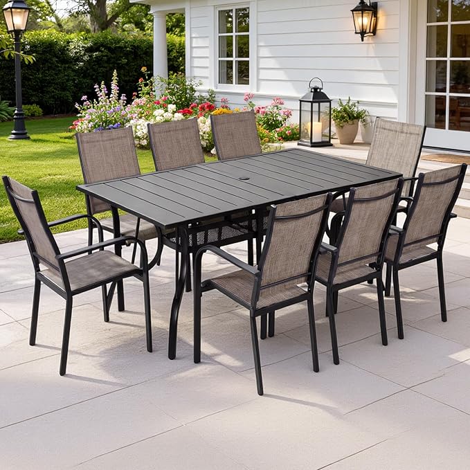 Outdoor Patio Dining Table for 6 People, 63" x 38" All-Weather Resistant Metal Rectangle Table with Adjustable Umbrella Hole for Garden Backyard Porch Poolside, Black