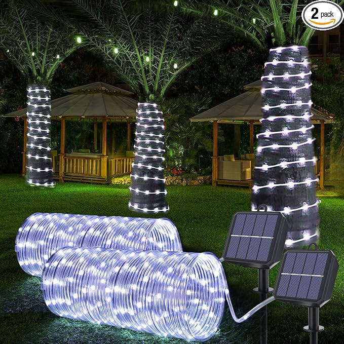 Solar Rope Lights, 2 Pack Total 66ft 200LED Solar String Lights, 8 Modes Waterproof Solar Outdoor Light, Flexible Clear Trampoline Light for Garden Yard Patio Deck Porch Pool Tree Decor - White