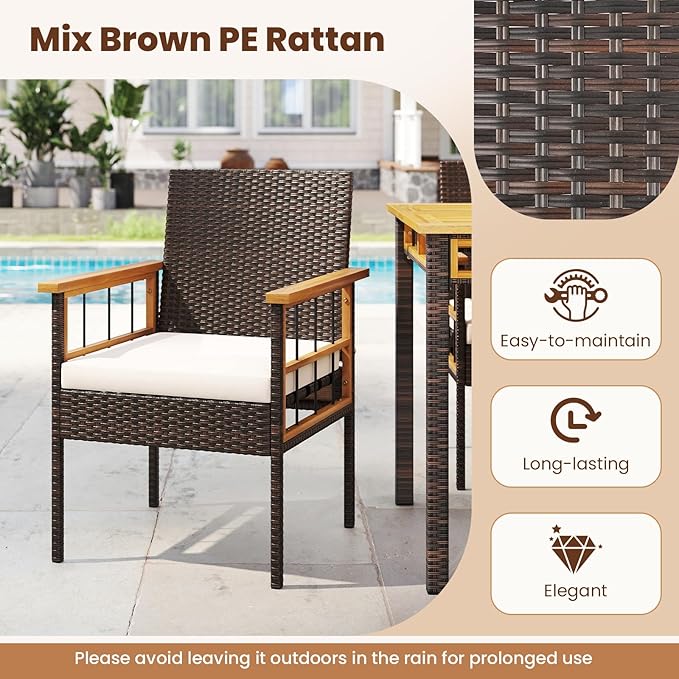Tangkula 7 Pieces Wicker Patio Dining Set, Outdoor Acacia Wood Rectangular Table with 1.97” Umbrella Hole and Cushioned Chairs, Outside Conversation Furniture Set for Deck, Garden and Backyard