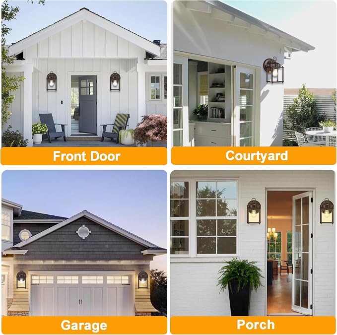 Outdoor Wall Light, Porch Lamp, Dusk to Dawn, Bronze | Exterior Wall Sconce Fixture for House, Garage, Patio, Rustproof Waterproof, Metal Housing with Glass, E26 Base, 2 Pack