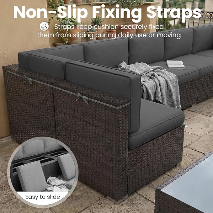 8 Pieces Patio Furniture Set with 44" Propane Gas Fire Pit Table, Outdoor Sectional Brown Rattan Wicker Conversation Sofa Sets with Coffee Table