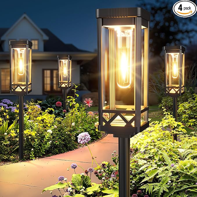 KOOPER Taller Solar Pathway Lights Outdoor, 4 Pack Upgraded Brighter Solar Garden Lights Solar Powered, Up to 15 Hours Outdoor Solar Lights for Yard Landscape Walkway Driveway Sidewalk (Warm White)