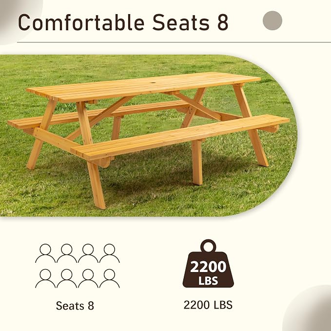Picnic Table with Bench for 8 Person Outdoor Wooden Rectangle Table for Patio Garden Backyard Large Outside Dining Table Set with Umbrella Hole 6.25FT