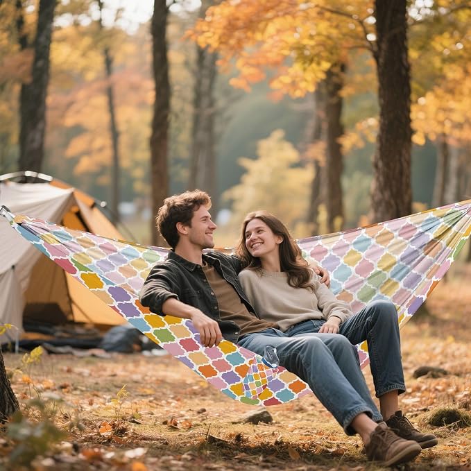 Camping Hammock Outdoor Hammocks for Outside Trellis Geometric Lattice Colorful Beach Trees Portable Lightweight with Pockets Tree Straps Indoor
