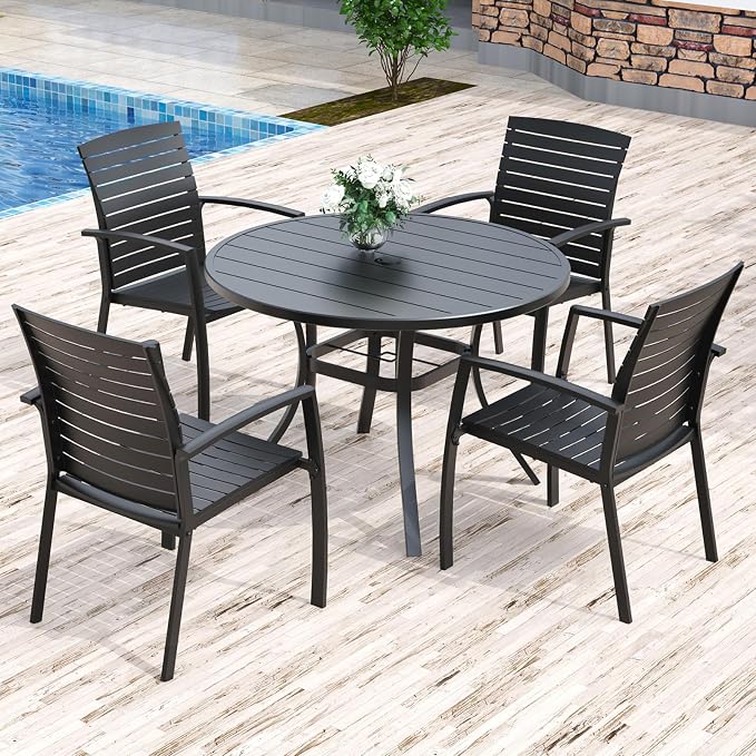 Anmutig Outdoor Dining Set for 4, 41" Round Table & 4 Aluminum Frame Chairs | Stackable Chairs, Resin Slat Seating, Powder-Coated Steel Table, Umbrella Hole, Easy Assembly, Patio, Garden, Backyard