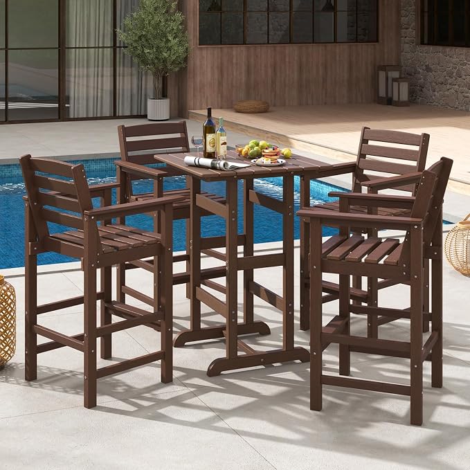 Giantex 42" Height Outdoor Tall Bar Table, HDPE Square Pub Tables with Wood Grains, High Top, Cocktail Bistro Table for Adirondack Chairs, Patio, Garden, Poolside, Yard, Balcony, Brown