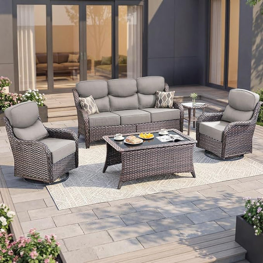 Luxury Swivel Rocker Chairs Sofa Set with 6" Thick Cushion 5 piece Wicker Outdoor Patio Chair with Coffee Table High Back Comfortable Outdoor Patio Furniture Set - Brown | Gery