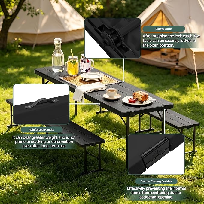 6FT All-in-One Folding Table and Chair Set, Seats 6-8, Chairs Store Inside to Form Carrying Case, Heavy Duty HDPE & Steel, Portable Space-Saving for Outdoor, Party, Camping, Picnic,Black