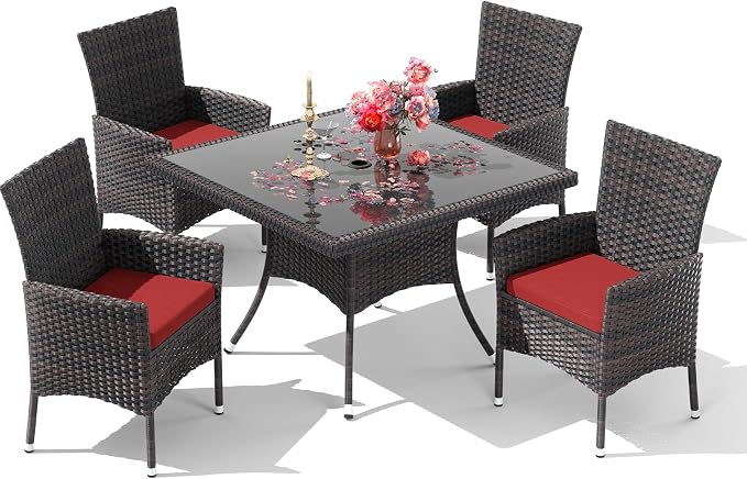 5 Pieces Outdoor Patio Dining Set,Patio Table and Chairs Rattan Outdoor Patio Furniture Set with Umbrella Hole,Dining Table Set for 4 with Chairs for Backyard,Garden and Kitchen,Red