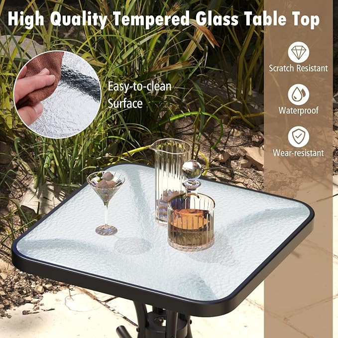 HAPPYGRILL Outdoor Side Table Set of 2, Square Patio End Table with Tempered Glass Top, 20" Bistro Table with Metal Frame, Small Compact Coffee Table for Garden Backyard Poolside