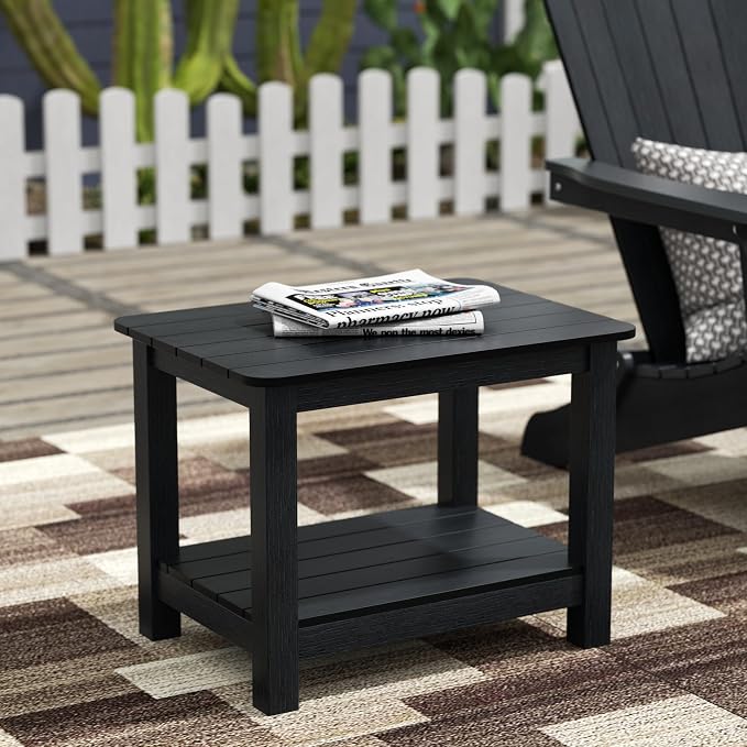 WestinTrends Tuscany Outdoor Side Table, All Weather HIPS 2 Tier Adirondack Small Patio Table with Storage, Black