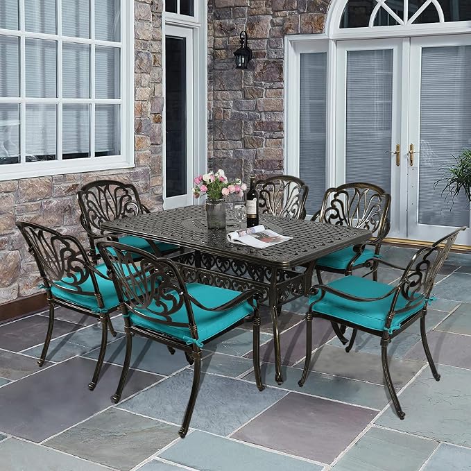 VIVIJASON 7-Piece Outdoor Furniture Dining Set, All-Weather Cast Aluminum Patio Conversation Set, Include 6 Cushioned Chairs and a Rectangle Table with Umbrella Hole, Ocean Blue Cushion