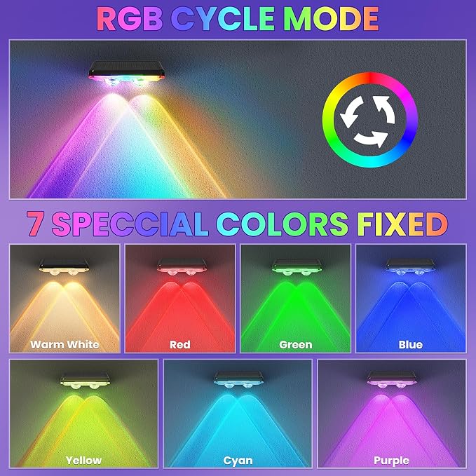 Solar Fence Lights Outdoor, 16 Pack, 7 Color Modes, IP65 Waterproof | RGB Cycle/Fixed Fence Lights Solar Powered for Outside, Deck Lighting for Wall, Step, Patio, Pathway, Stairs
