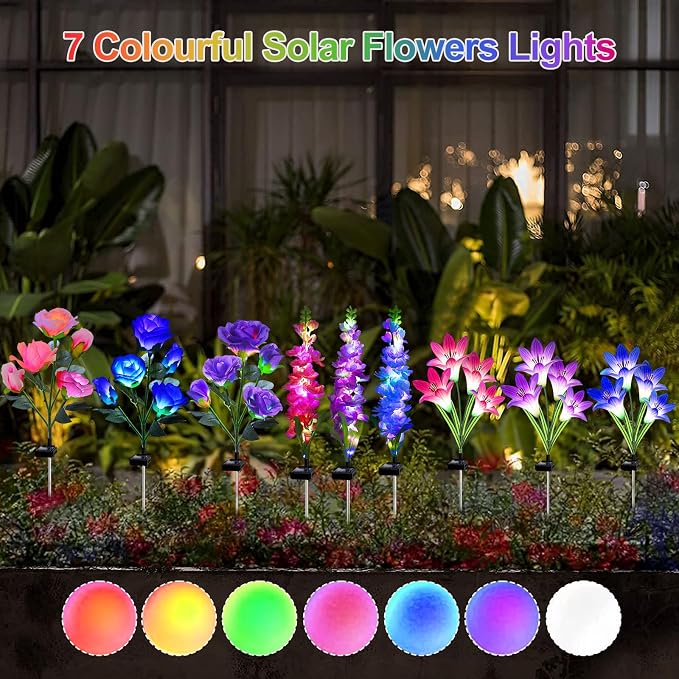 Solar Garden Lights Waterproof, 3 Pack Solar Flowers Lights Includes Lily Rose Delphinium, Gardening Gifts for Mom Grandma Women, 7-Color Changing Outdoor Decor for Garden Yard Patio Lawn