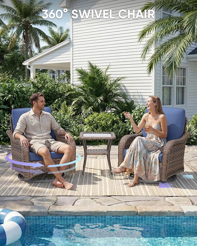 Patio Furniture Set - 9 Pieces All Weather Wicker Outdoor Furniture with 4 Swivel Chairs, 2 Ottomans, 1 Sofa,1 Side Table and Fire Pit Table, Ergonomic Design for Porch, Garden, and Backyard(Blue)
