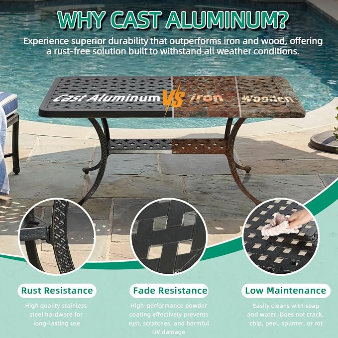 VIVIJASON Cast Aluminum Outdoor Coffee Table, 42 x 21 Inch Rectangular Patio Conversation Table with 2-Tier Storage, Rust-Resistant All-Weather Center Table for Deck, Backyard, Porch, Antique Bronze