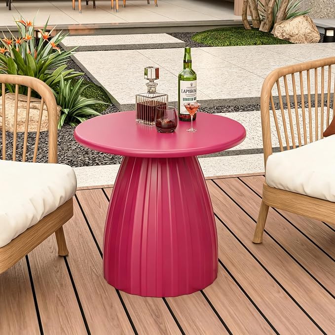 Round Metal Outdoor Patio Side Table, Steel Outdoor Accent Table, Small Patio End Table, for Garden, Pool, Yard, Balcony, Living Room, Deck, Weather Resistant, No Assembly, Pink