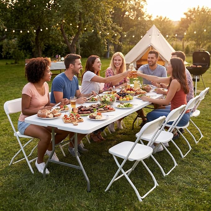 Sweetcrispy 8 FT Folding Picnic Table Easy to Fold and Store, Foldable Table for Camping Picnic Dining Party Kitchen Outdoor Indoor with Carrying Handle