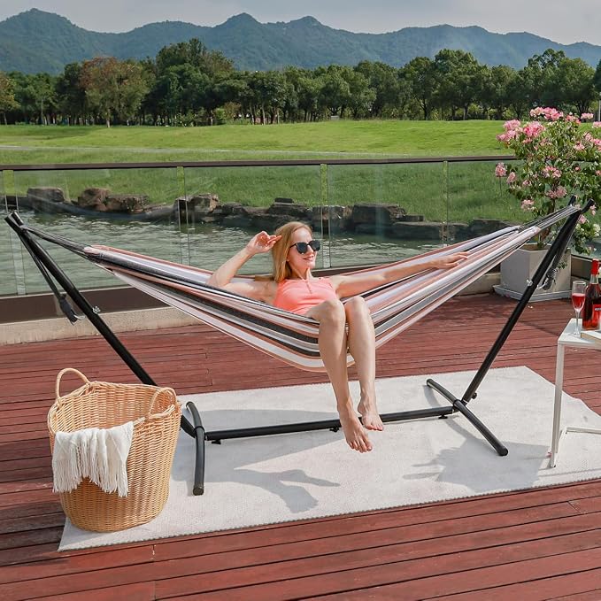 Lazy Daze Portable Hammock with Stand, Free Standing Hammocks for Indoor Outdoor Patio Yard, Has a Carrying Bag and Pillow, 9ft Hamacas Heavy Duty 2 Person Amaca 450 lbs Capacity(Farmhouse)