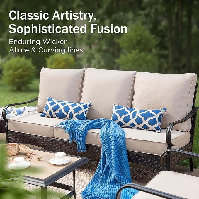 PHI VILLA Patio Furniture Set, Upgraded Wicker & Metal Outdoor Conversation Sets Patio Sofa with 5.5" Thick Cushions and Coffee Table for Porch, Poolside, Yard (4 Pieces, Beige Cushion)