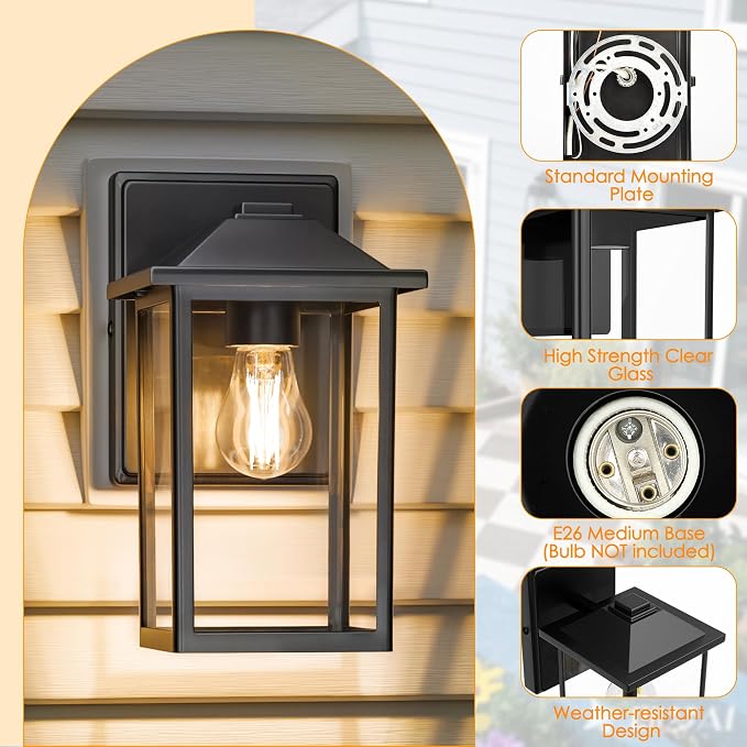 MATAMEYE Outdoor Wall Light Fixture, Exterior Waterproof Porch Lighting | Large Black Patio Wall Lantern, Anti-Rust, Clear Glass, E26 Socket, Wall Mount Sconce Lighting, Outside Front Door Light