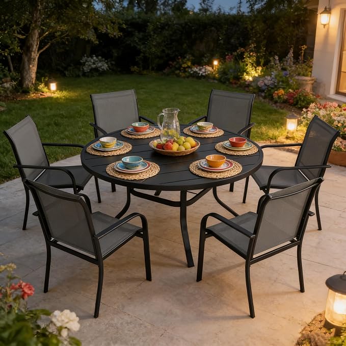 SUNCROWN 7 - Piece Outdoor Dining Set, Patio Furniture Set with 6 x Textilene Dinning Chairs and 53" Metal Round Table with Umbrella Hole for Lawn Garden Backyard Deck, Grey
