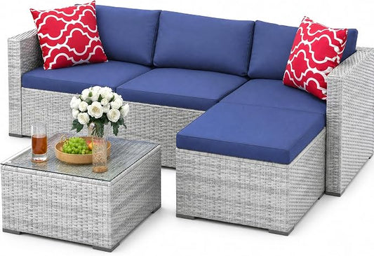 GarveeHome 5 Pieces Patio Sectional Furniture Set, All Weather Wicker Rattan Sectional Sofa, Patio Conversation Set with Cushions and Glass Coffee Table for Backyard Porch Garden Balcony, Blue
