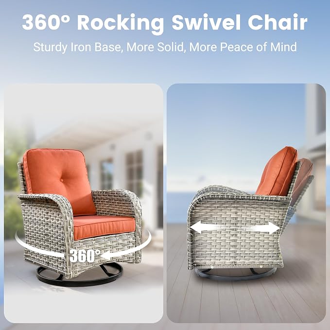 Outdoor Swivel Rocker Patio Chairs,Wicker Glider Swivel Rocking Chair Set of 2,Patio Rocking Swivel Chair Set with Rattan Side Table,Bold Red