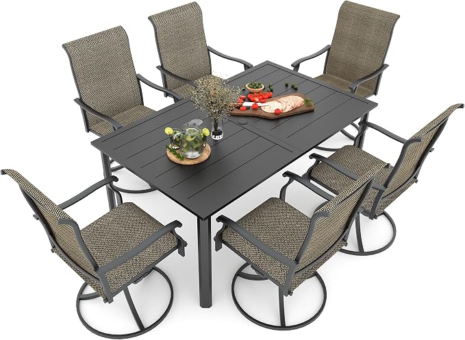 Patio 29" Heigh Rectangle Table and Tan Grey Swivel Chair Dining Set 7 Sty1 | 63"x38" Metal Table, 29" Heigh Table Top,All Weather; 6 Piece Swivel Chairs: High Back,Retro Armrest,Textilene Fabric,Rocking