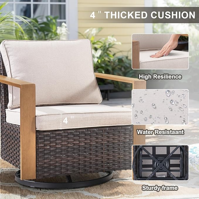 Belord 6 Piece Outdoor Patio Furniture Set with Propane Fire Pit Table, Wicker Patio Conversation Set with 2 Swivel Rocker Chairs Rattan Sofa and Removable 4" Thick Cushions for Deck Backyard