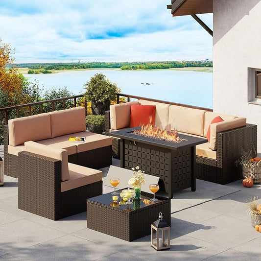 Vongrasig 8 Piece Patio Furniture Set with Propane Fire Pit, Outdoor Conversation Sets Wicker Sectional Sofa with Coffee Table, 43” Gas Gas Firepit Table 50,000 BTU for Outside, Patio, Beige