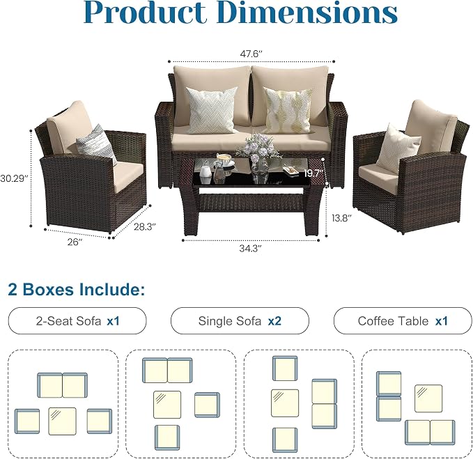 Solaste 4 Piece Patio Outdoor Furniture Sets,Patio Conversation Sofa Wicker Chair with Cushion,Hand Woven Rattan Sofa for Porch Backyard Outside Garden Lawn Yard,Brown